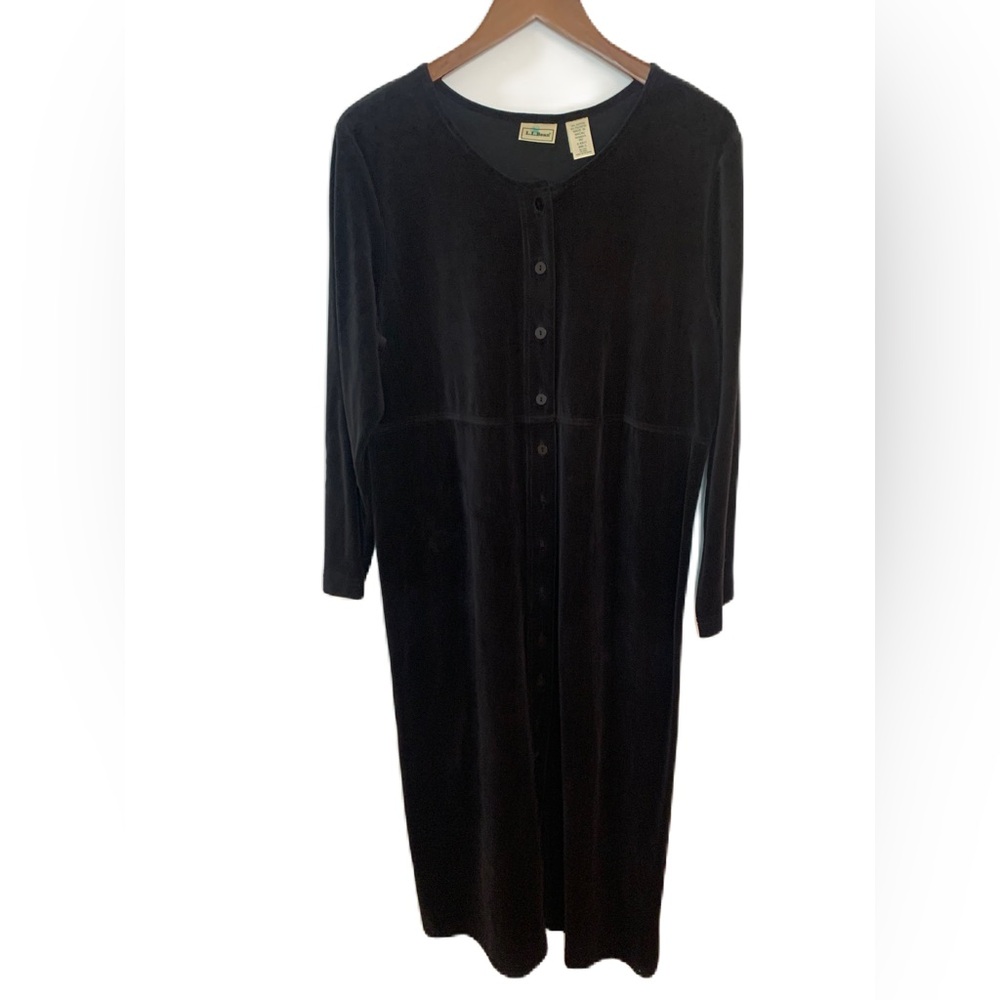LL Bean Velour Maxi Dress Women’s Size Large Petite Black Full Button Lagenlook